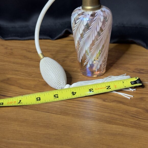 Vintage Pink Iridescent Art Glass Perfume Bottle Atomizer White Swirl 6.25” Tall - Picture 10 of 14